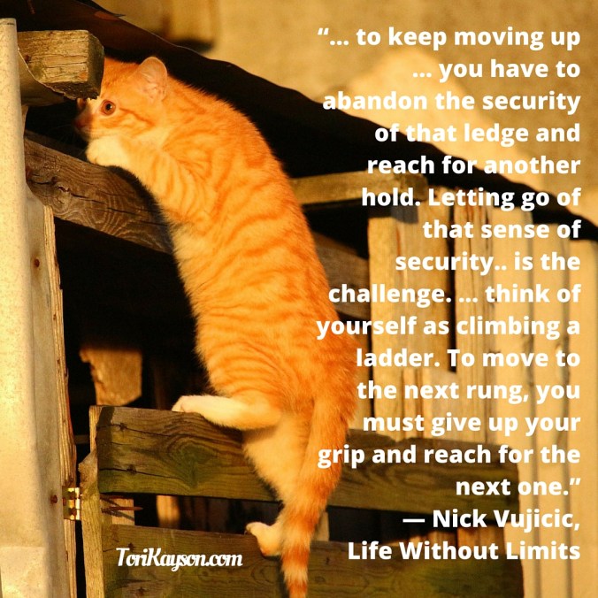 “... to keep moving up ... , you have to abandon the security of that ledge and reach for another hold. Letting go of that sense of security.. is the challenge. ... think of yourself as climbing a ladder. To move to the